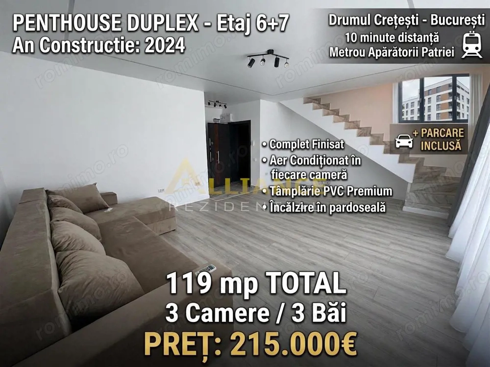 Penthouse - 119mp - 10 minute metrou Ap #259;r #259;torii patriei + PARCARE - 215.000€