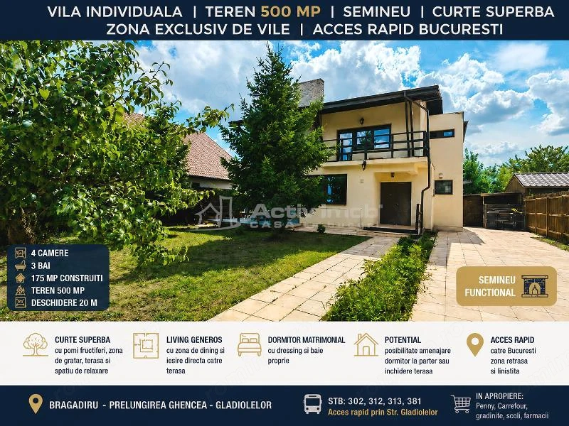 Vanzare  - Casa  Individuala - Prelungirea Ghencea – Gladiolelor - Teren 500 MP -  Semineu -  4 Came