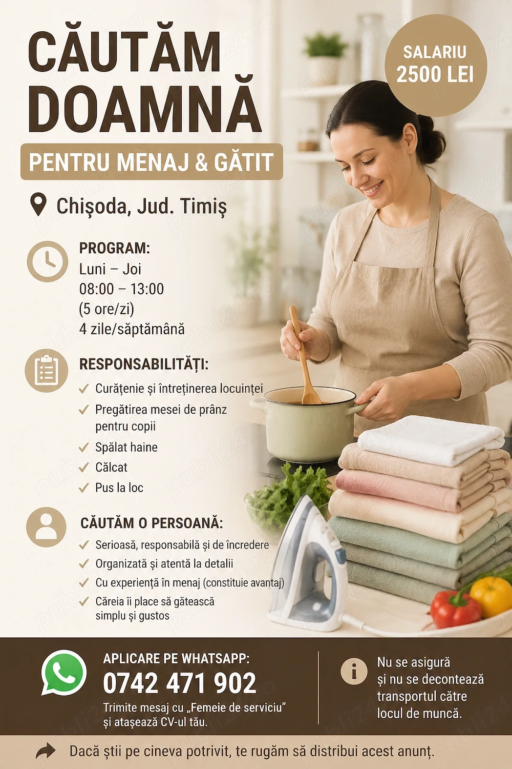 Căutăm doamna pentru curățenie și menaj