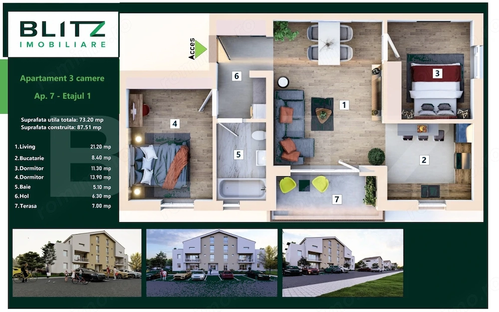 Apartament 3 camere, bloc tip vila P + 2, Sanpetru