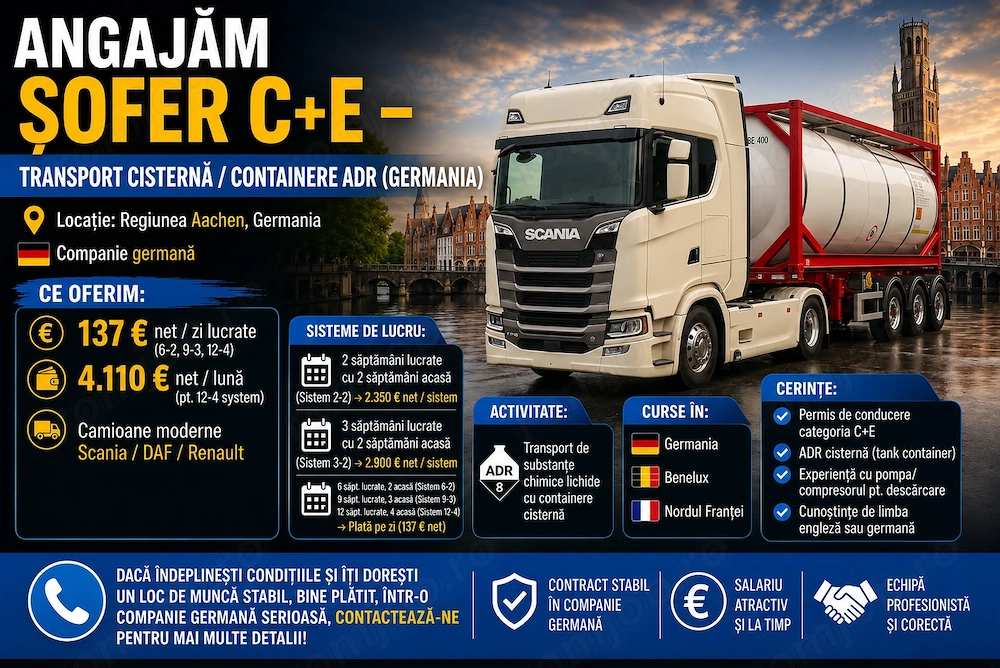 Angajăm Șoferi Cisternă ADR - Pompă   compresor