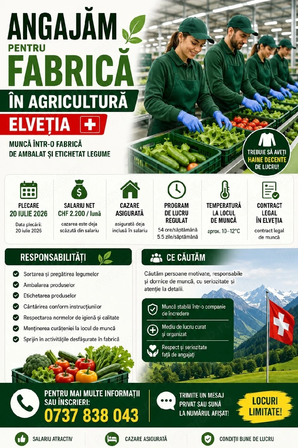 Angajăm pentru fabrică în agricultură   Elveția     