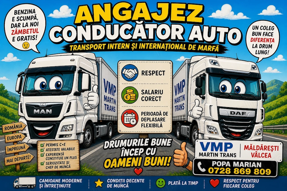 Angajez conducător auto C+E  transport international de marfa, ansamblu tractor + semiremorca prelat