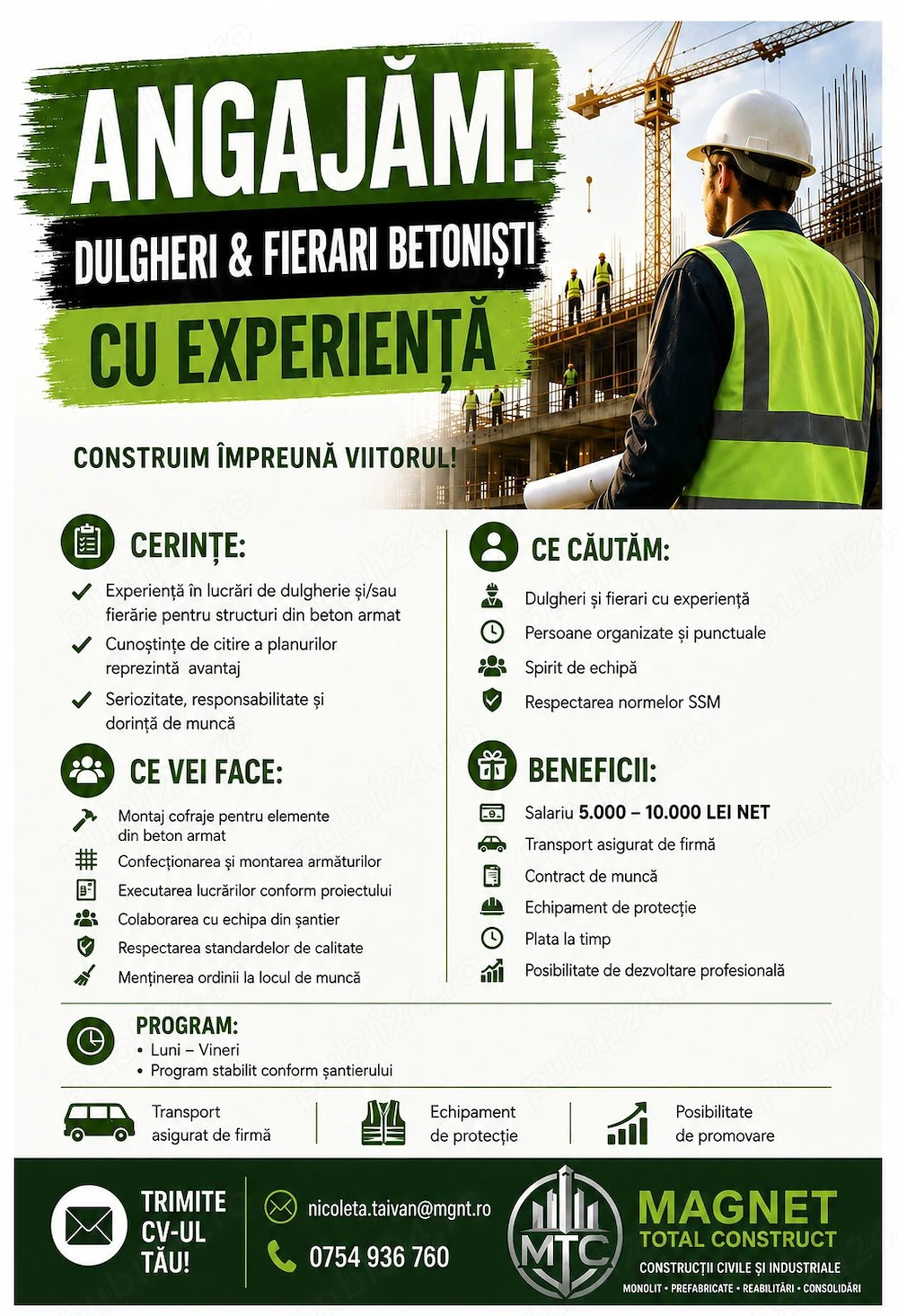 Firmă de construcții angajează dulgheri, ferari betoniști și zidari cu experiență