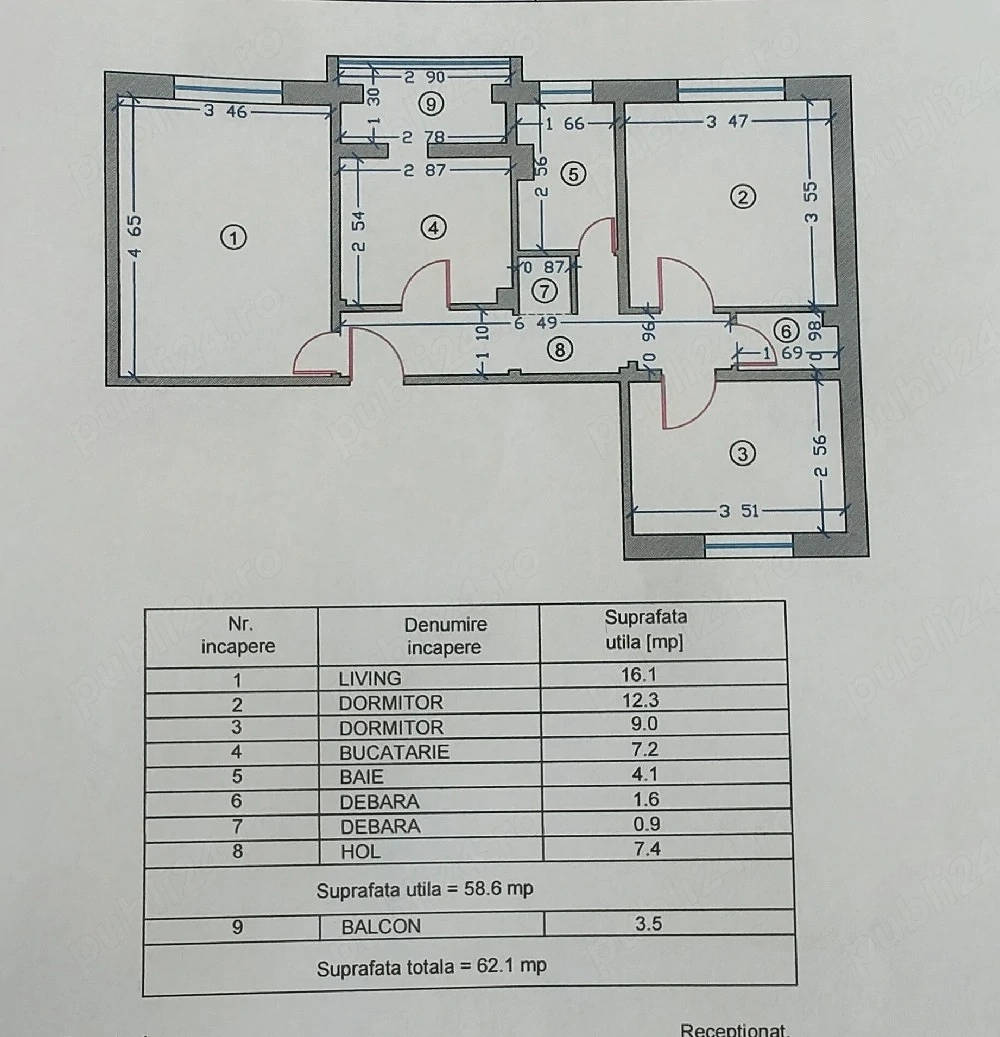 Apartament 3 camere DECOMANDAT, 62 mp, Inel 2   An 1980, Centrală Gaz, Termopane, Mobilat, Utilat.