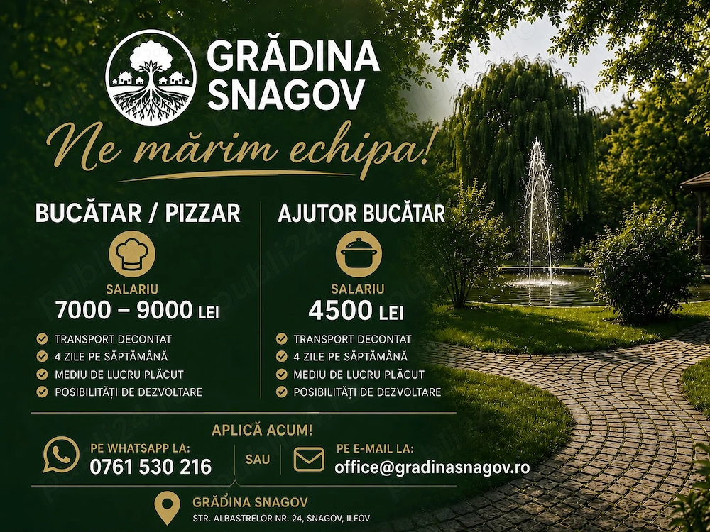 Gradina Snagov angajeaza bucatar, pizzar si ajutor bucatar!
