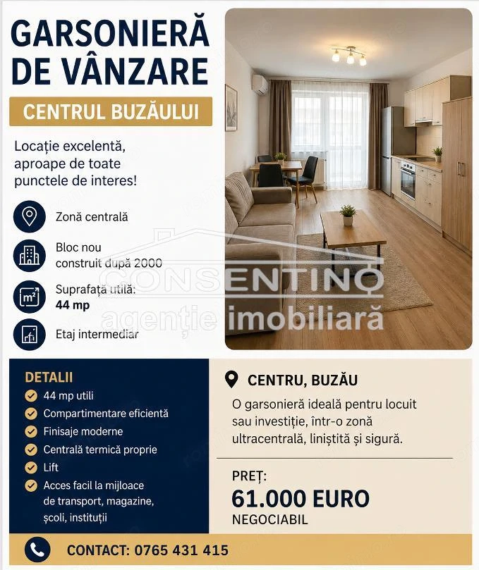 Garsoniera , bloc de apartam, Centru , 44 mp