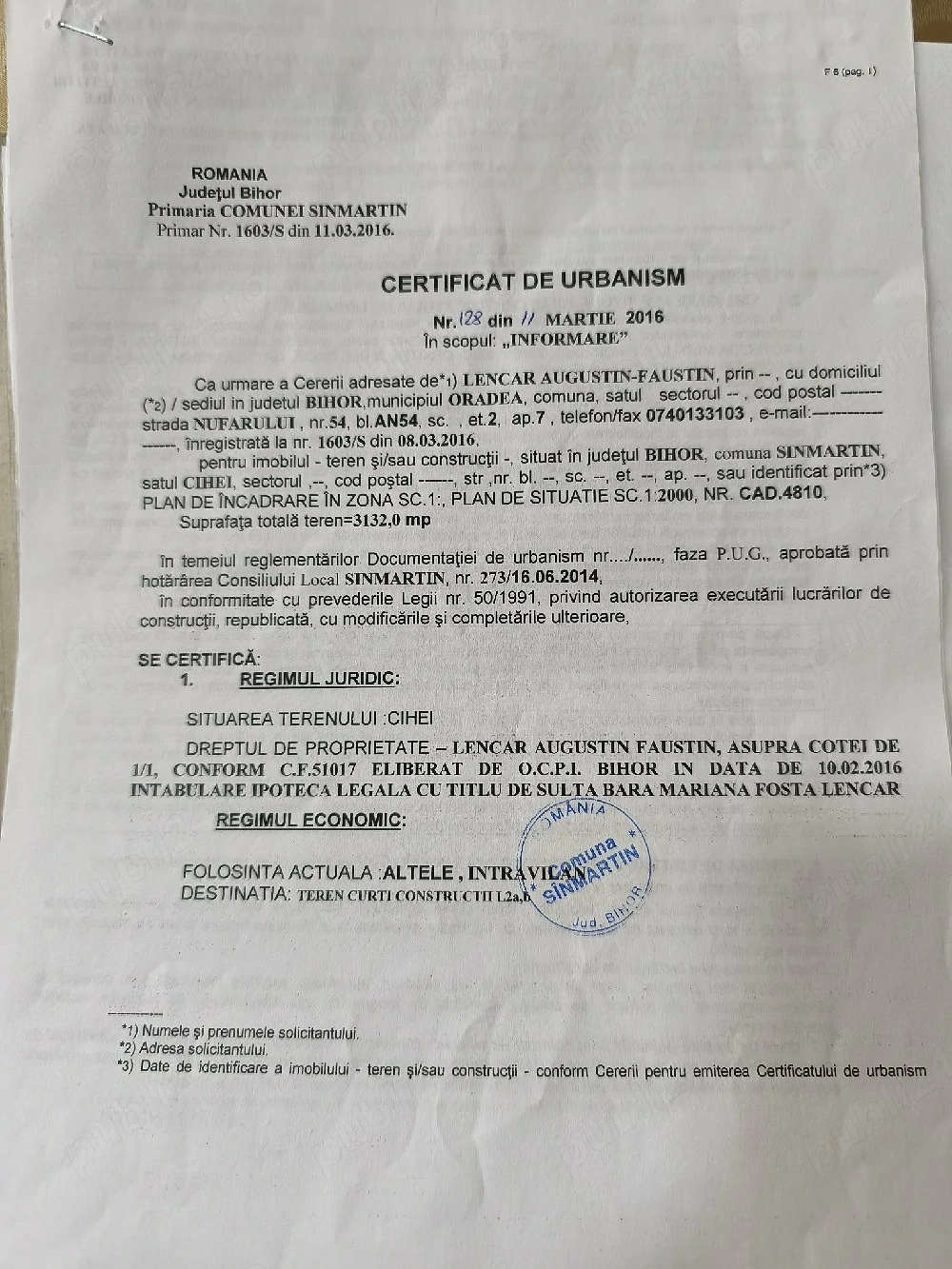 Teren de vânzare intravilan în Cihei 
