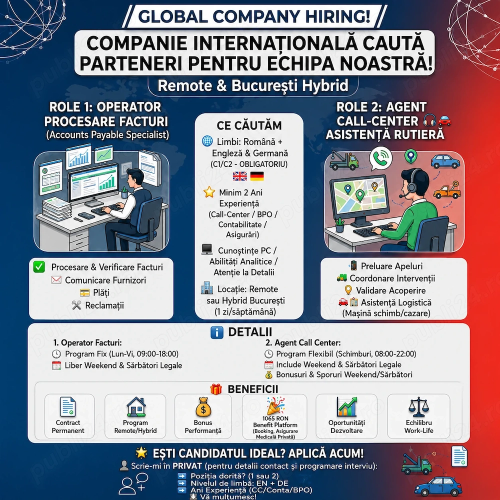Companie internațională caută operatori procesare facturi furnizori și agenți call-center asistență 