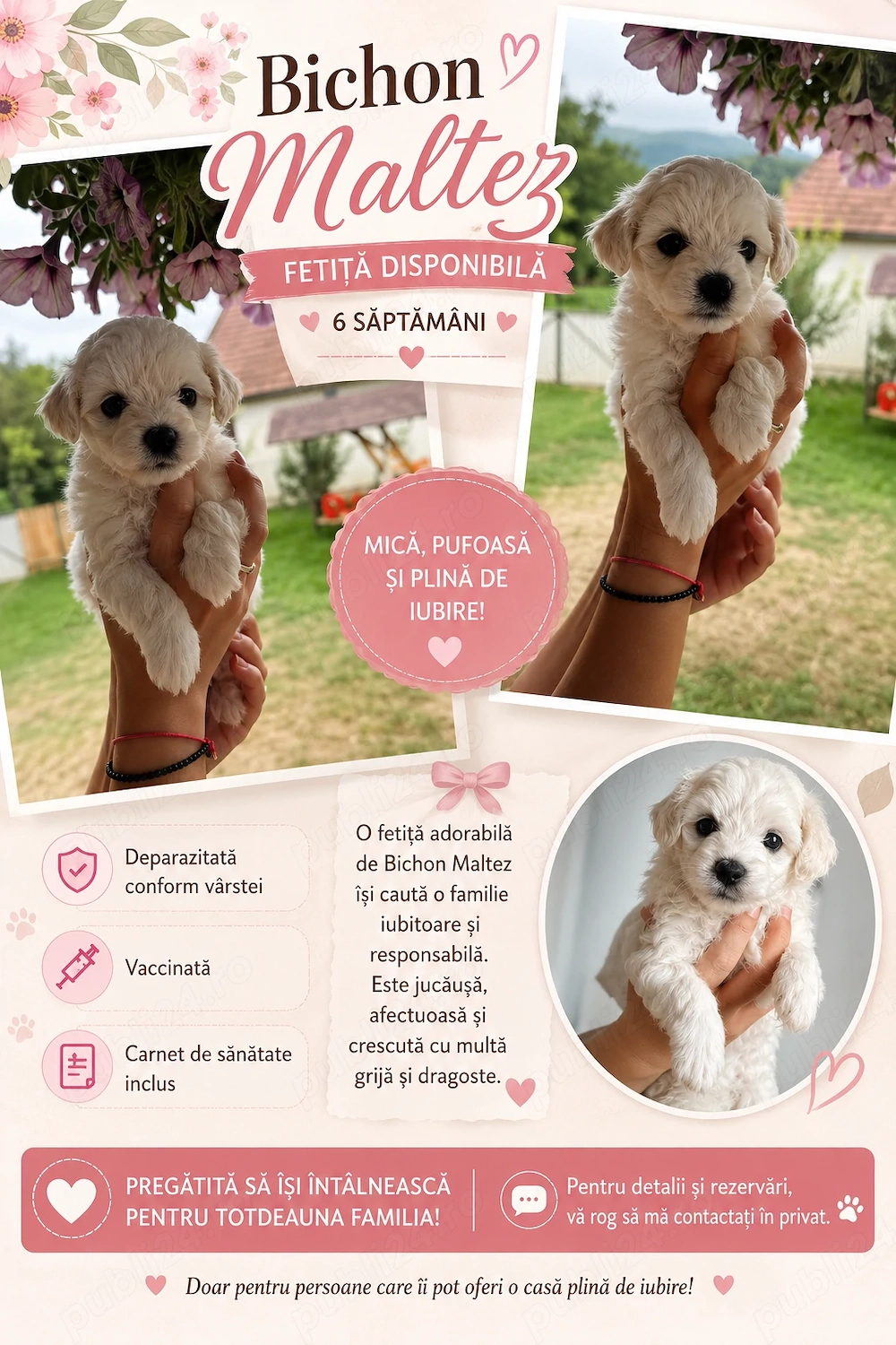 Bichon Maltez   fetiță disponibilă, 6 săptămâni