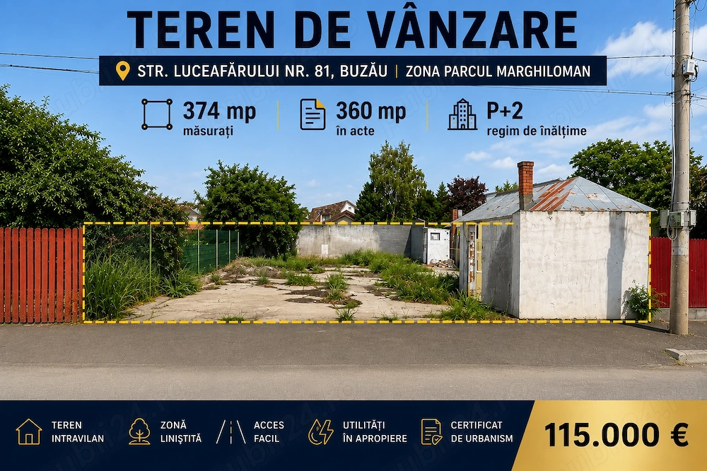 Teren intravilan de vânzare   374 mp | Str. Luceafărului nr. 81 | Zona Parcul Marghiloman | BUZAU