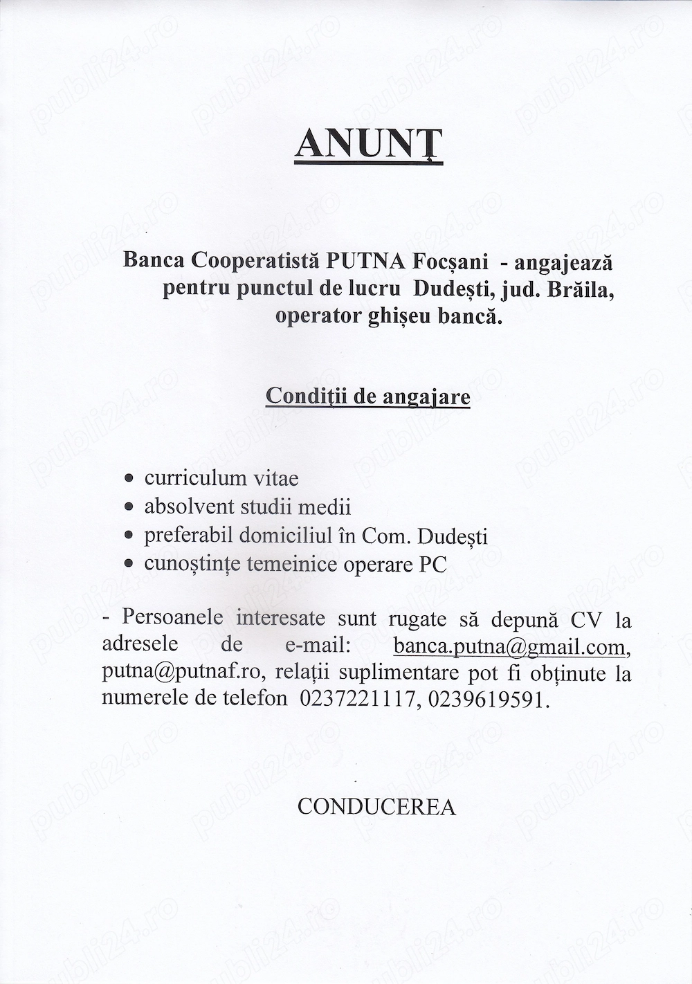 Banca Cooperatistă PUTNA  - angajează la punctul de lucru  Dudești, jud. Brăila, operator ghișeu 