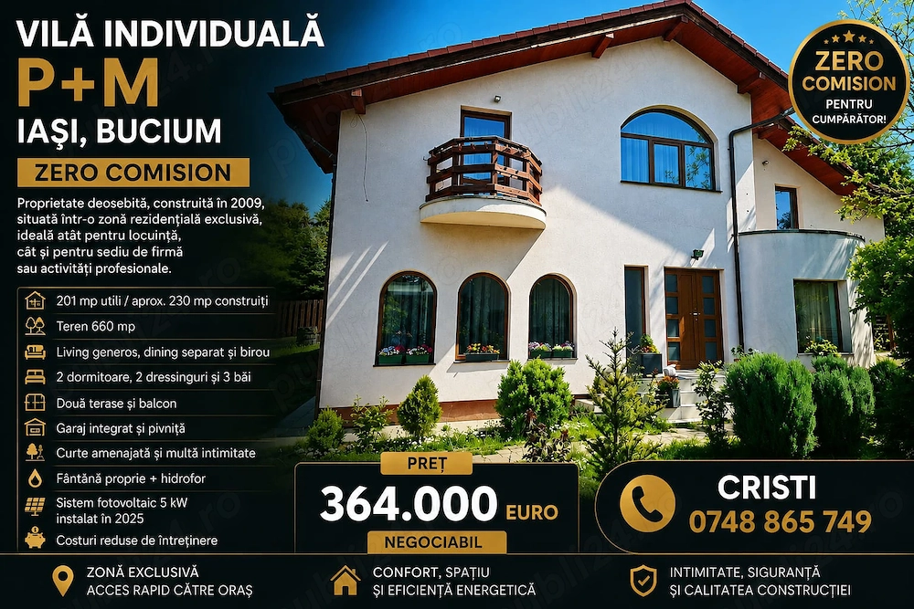 ZERO COMISION ! Vila premium P+M Iasi_Bucium_Plopii Fara Sot, 201 mp, teren 660 GARAJ_Fotovoltaice