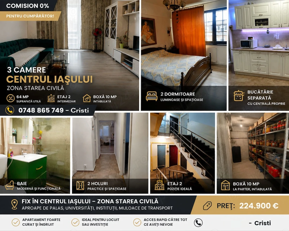 Oportunitate RARA! COMISION 0%_apt  3 C D IASI_Piața Unirii_ Etaj 2 + boxa intabulata 10mp        