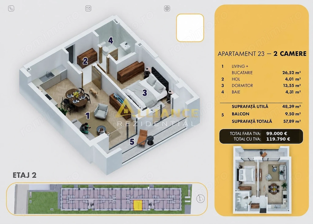 5 MINUTE METROU BERCENI - APARTAMENT 2 CAMERE - 58 mp - 119.790€