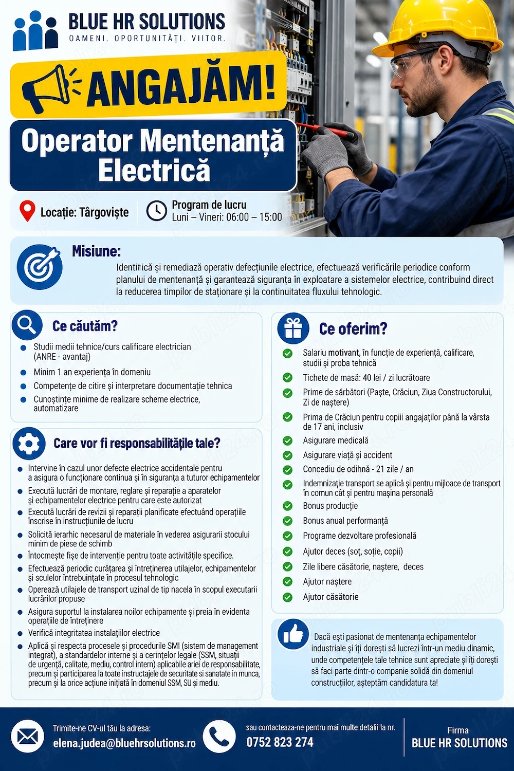 Angajam Operator Mentenanta Electrica- locatia Targoviste