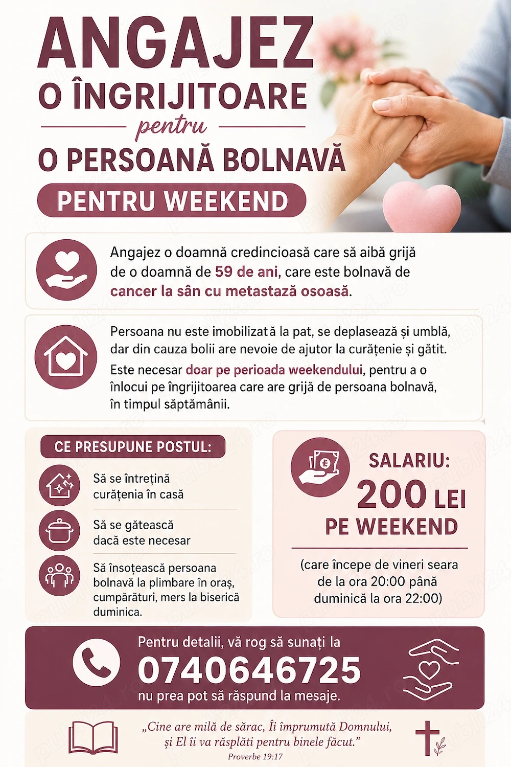 Angajez îngrijitoare pentru weekend
