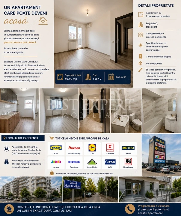 2 Camere Decomandat| Etaj 4/7 |Centrală Proprie | Aer Condiționat | Zona Pallady