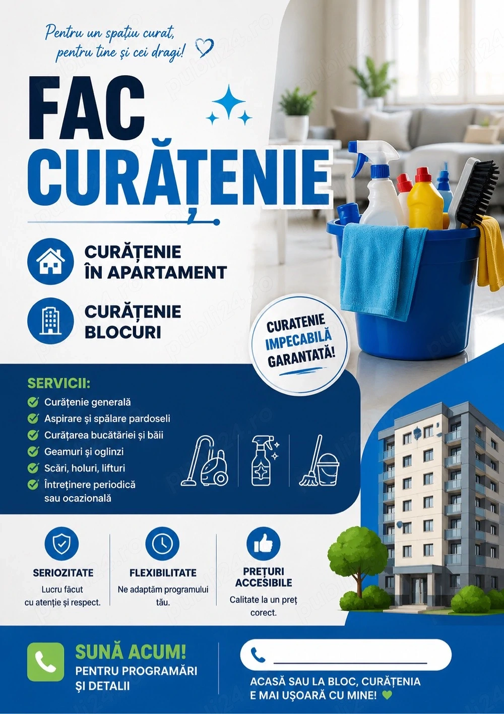    Ofer servicii de curățenie!  Curățenie pentru apartamente și scări de bloc. Seriozitate, atenție 