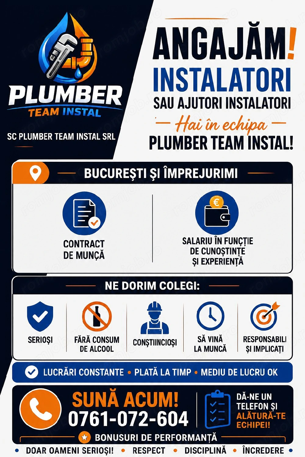angajam instalatori termice si sanitare salariu 6000-7000 ofer cazare