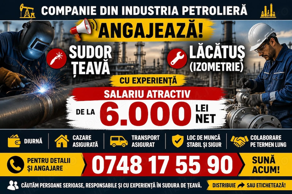 Angajăm SUDOR si LACATUS TEAVA cu experiență