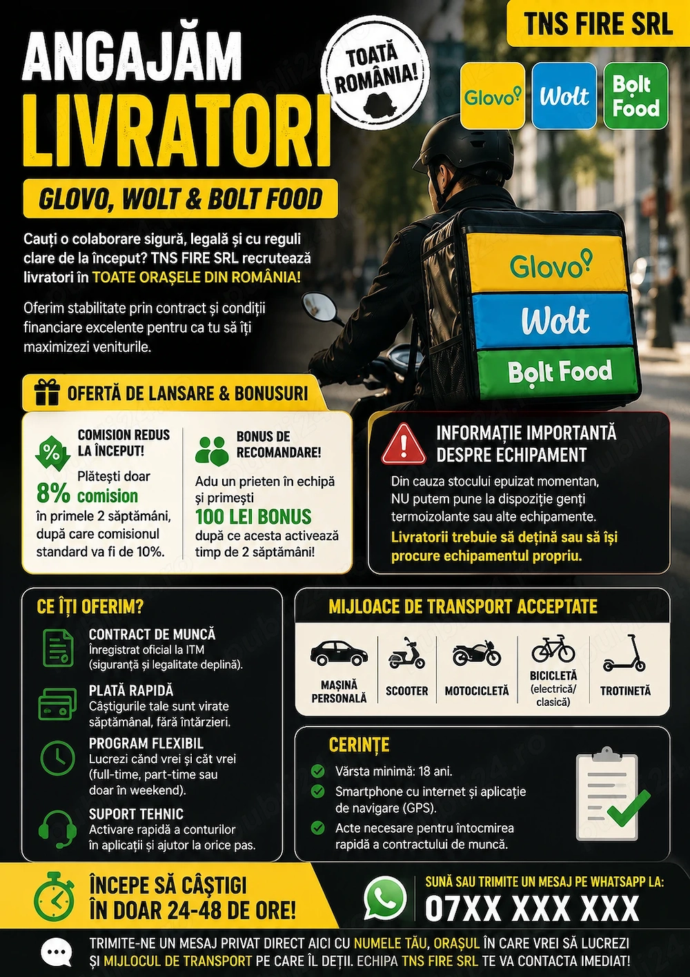 Angajam Livratori Bolt Food Glovo și Wolt 