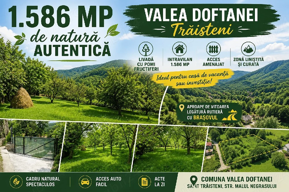 Teren intravilan 1.586 mp   livadă, acces amenajat, Valea Doftanei (Trăisteni)   investiție excelent