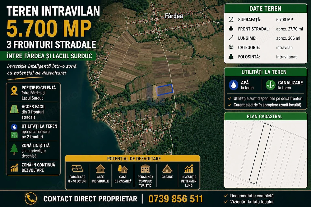 Teren Intravilan 5.700 mp | 3 Fronturi |  #206;ntre F #226;rdea  #537;i Lacul Surduc | Investi #539;