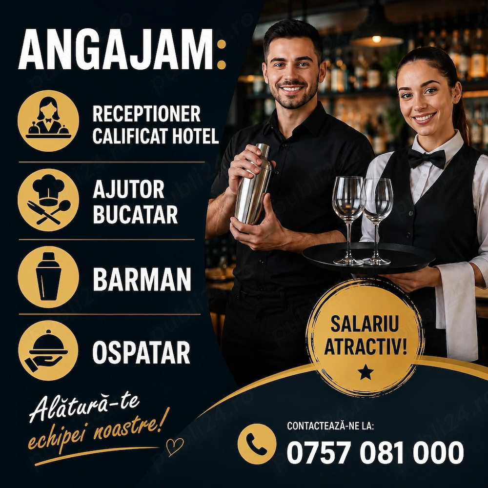 Gloria Events angajeaza receptioner calificat pentru hotel, ajutor de bucatar, barman si ospatar.