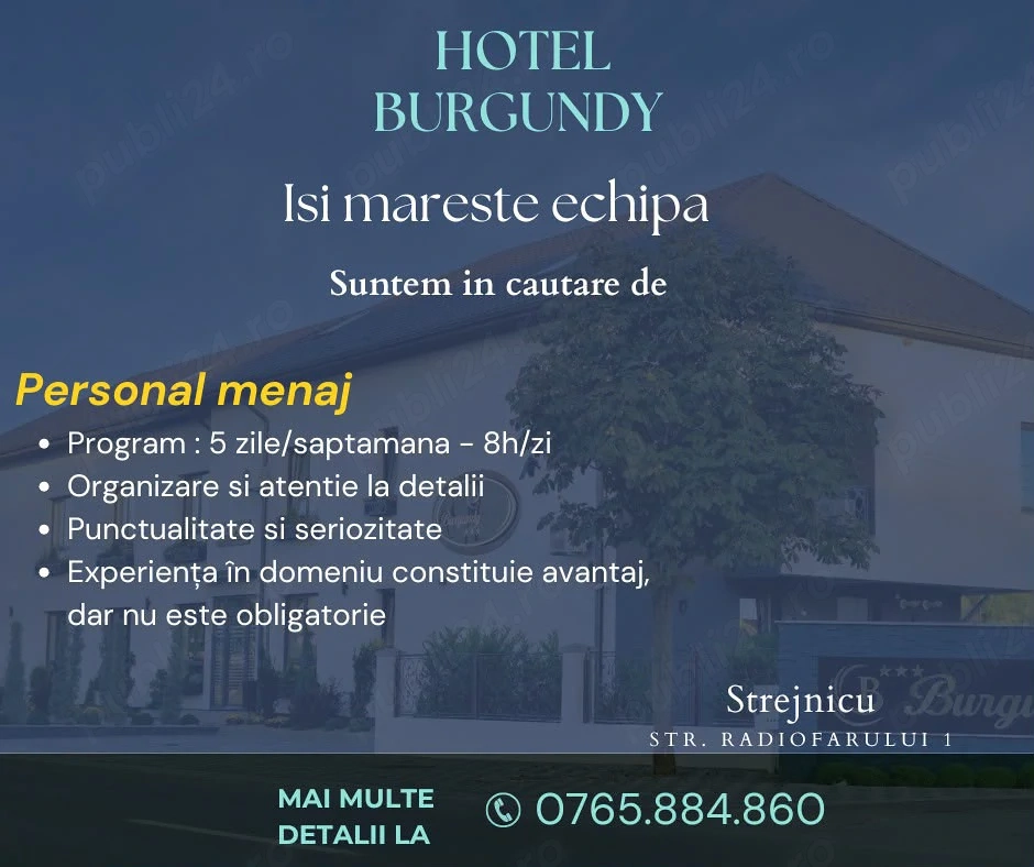 Hotel Burgundy angajează Menajeră 