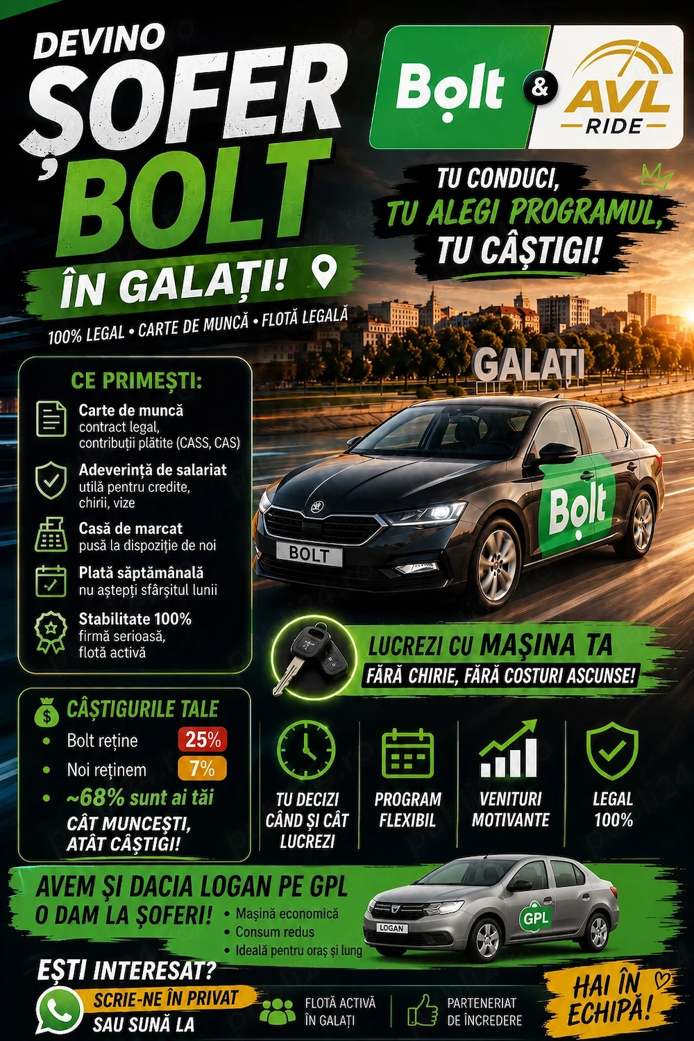 Devino șofer Bolt în Galați   Lucrează cu mașina ta sau cu Dacia Logan GPL!
