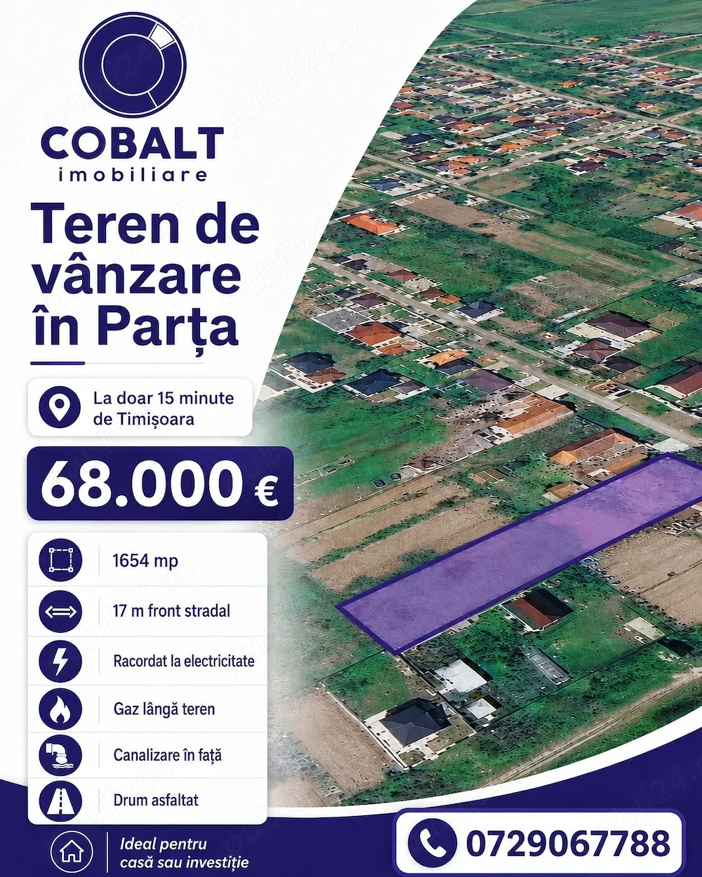 Teren intravilan de vânzare în Parța   1.654 mp | Utilități | Drum asfaltat
