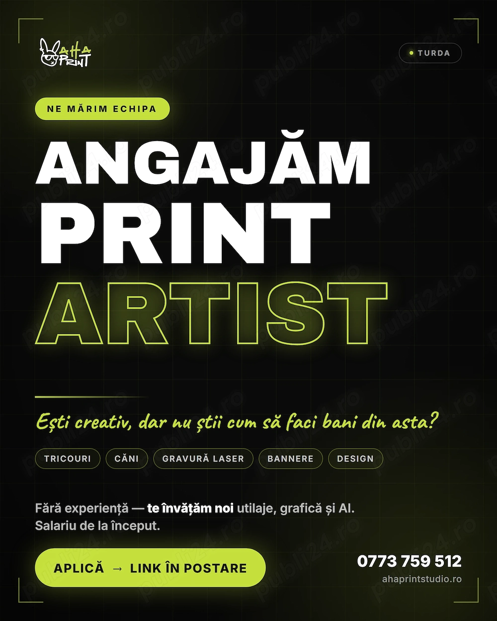 Angajăm #PrintArtist la #AhaPrintStudio