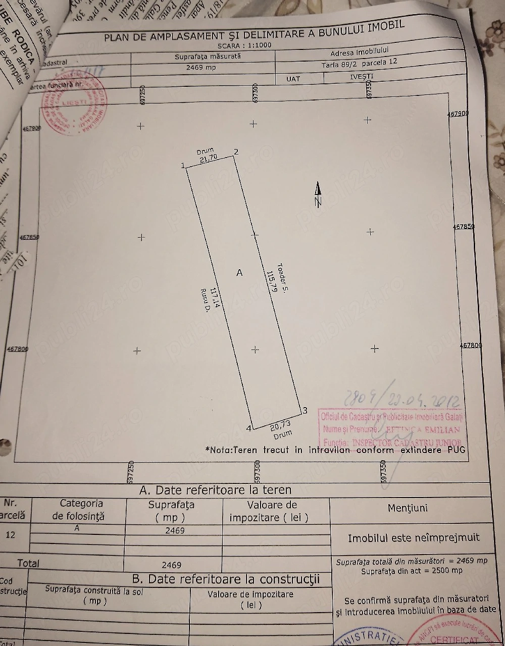 Vand teren intravilan in comuma Ivesti ,judetul Galati ,suprafata de 2.469 mp,extindere PUG