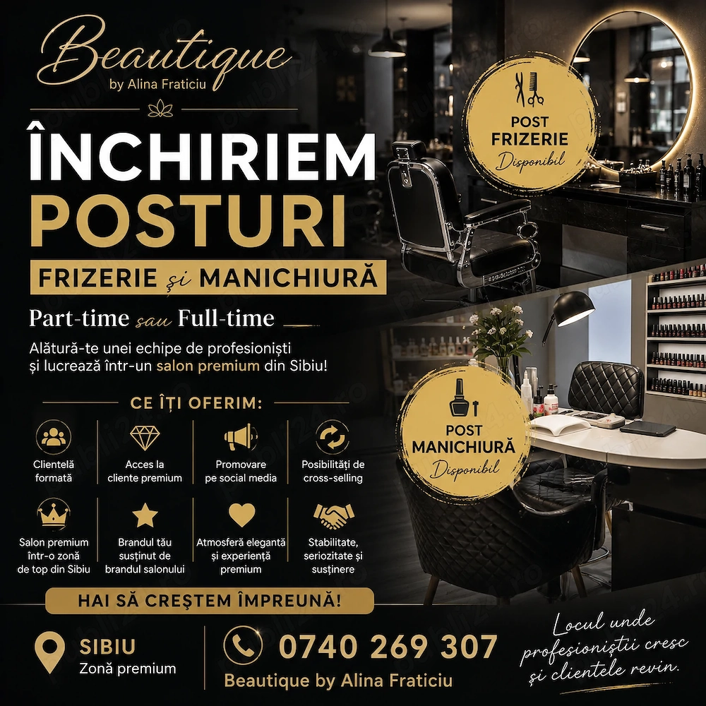 Sibiu | Închiriem post Manichiură și Frizerie | Salon Premium | Part-time   Full-time