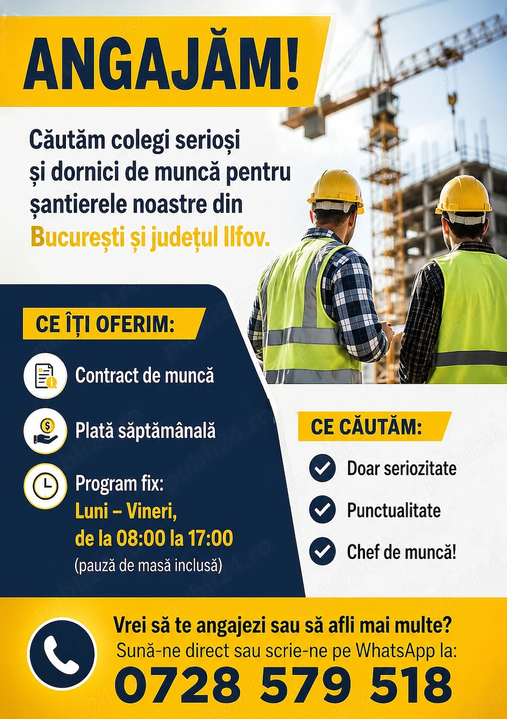 Angajăm Muncitori Necalificaţi si Calificaţi în Constructii- Bucuresti