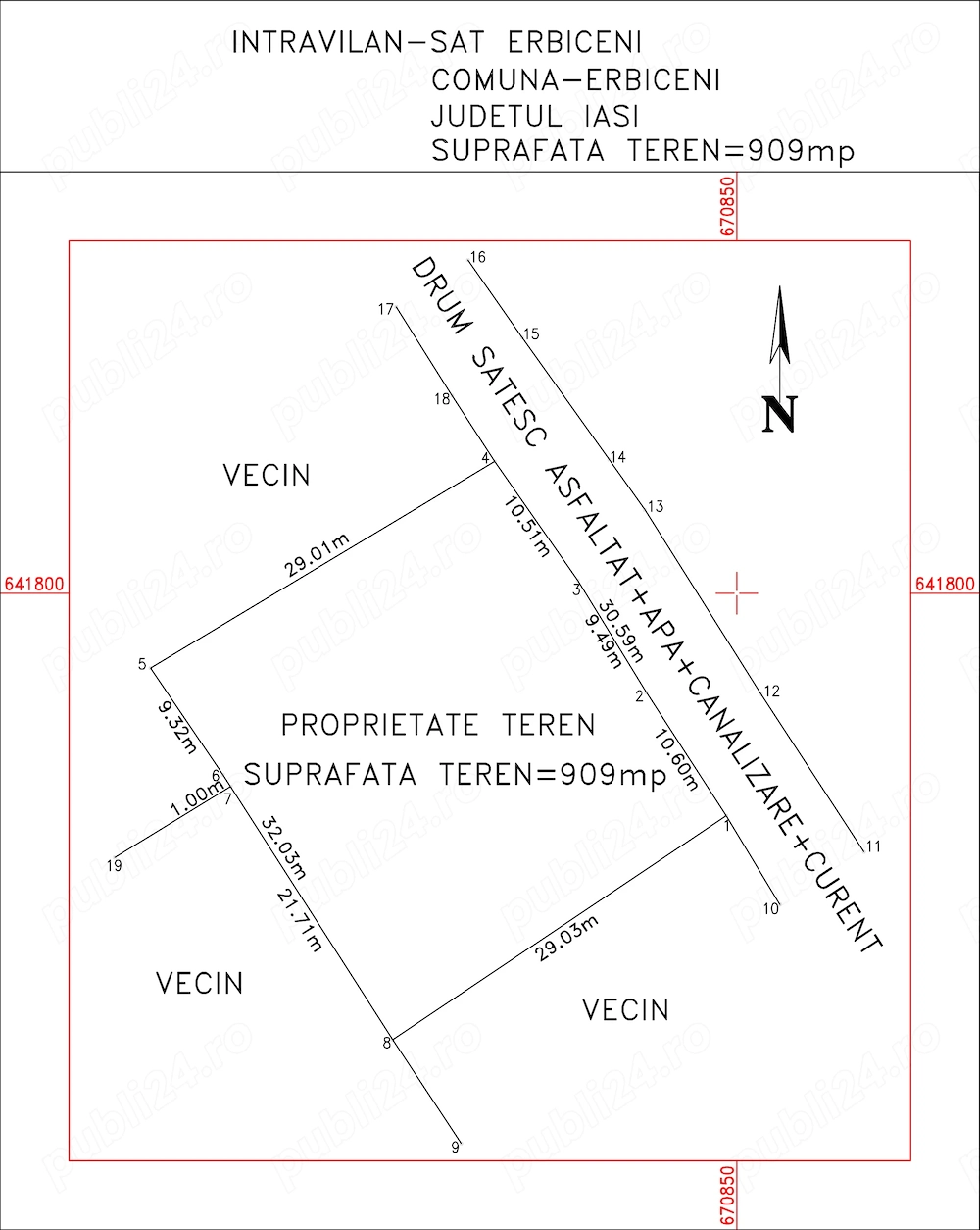 Teren intravilan 900mp Erbiceni (apă, canalizare, energie electrică, asfalt)
