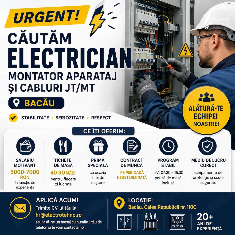 Urgent!! Căutăm Electrician montator aparataj si cabluri JT MT (Bacău) 
