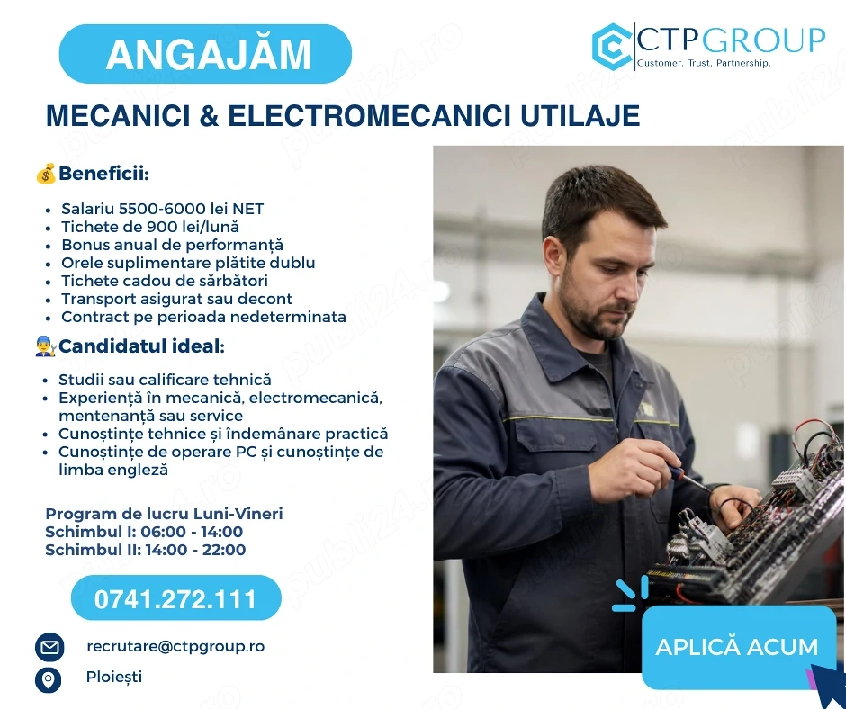  Angajam mecanici si electromecanici utilaje - Ploiesti