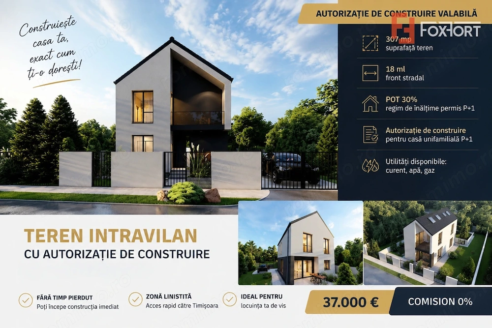 COMISION 0% | Teren intravilan 307 mp  | Autorizatie de construire | Sanandrei