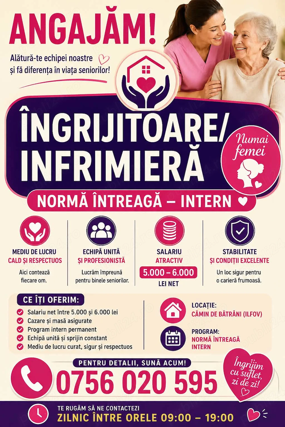 Angajam Infirmiere si Ingrijitoare interne la un camin privat de batrani din Bucuresti Ilfov