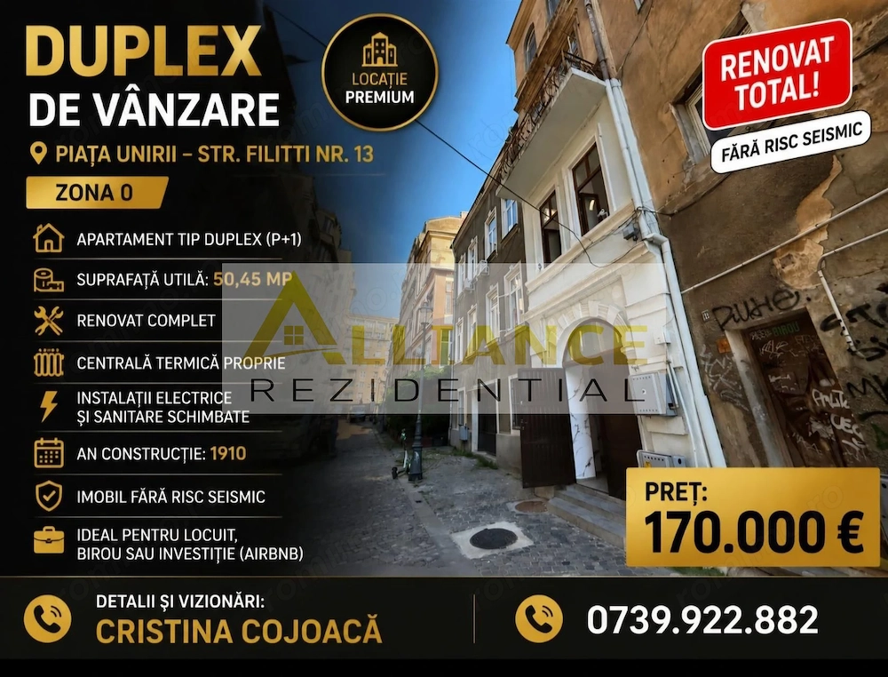Piata Unirii Apartament tip duplex P+1 50 mp Centru Vechi Complet Renovat