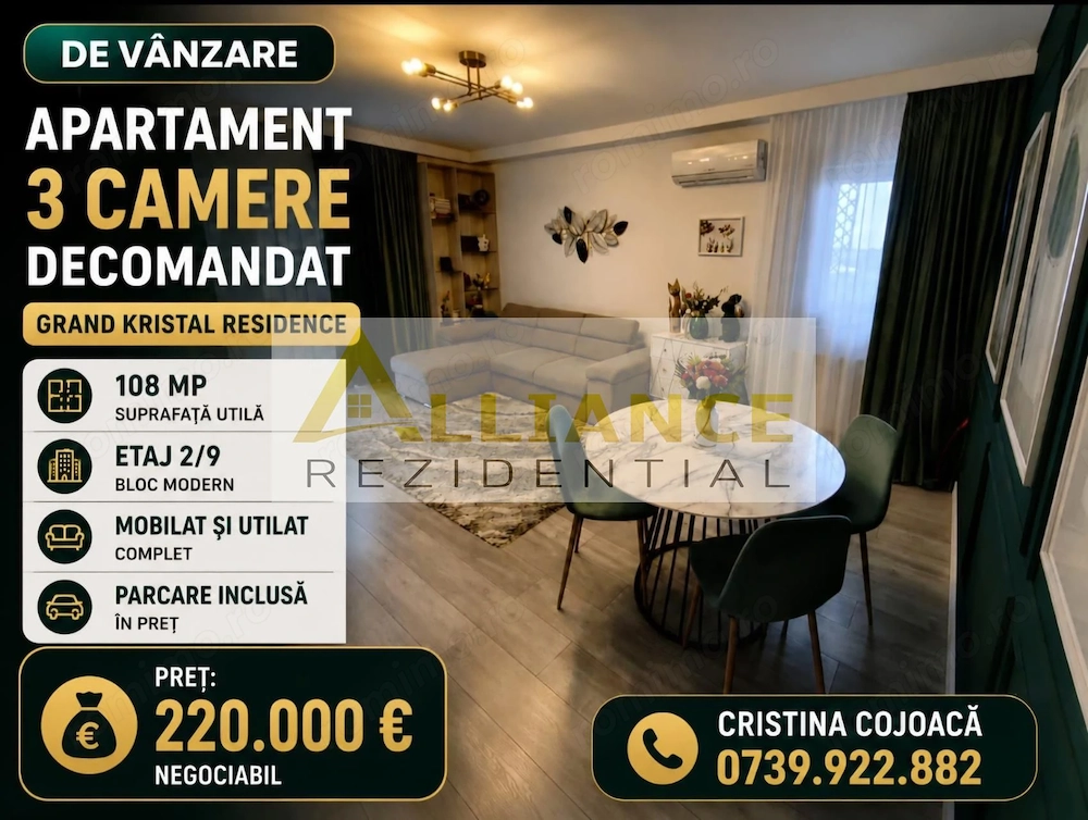 Grand Kristal Apartament 3 camere Mobilat si Utilat + Parcare Inclusa