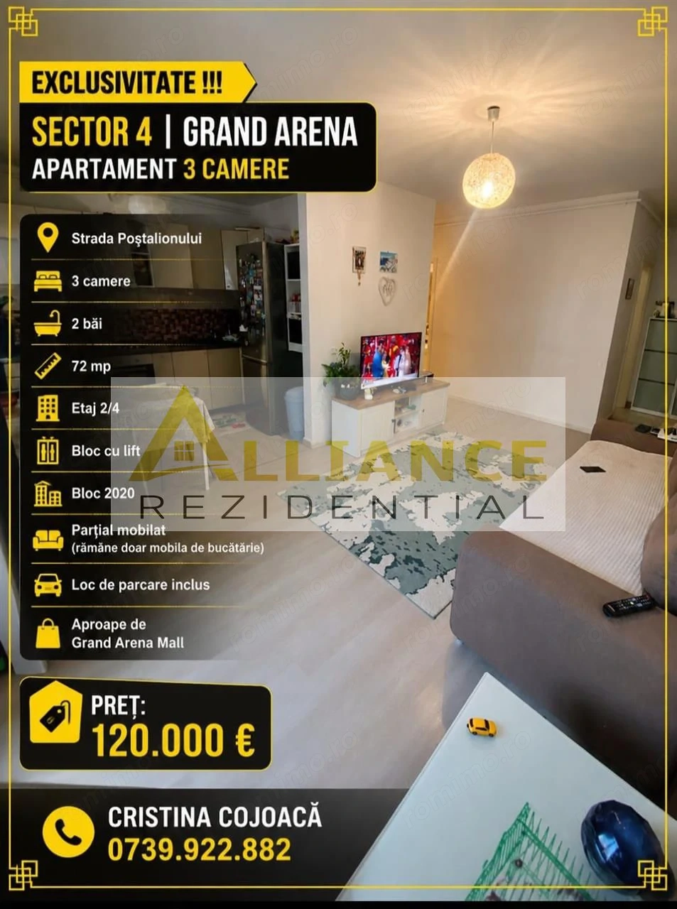 Sector 4 Grand Arena Apartament 3 camere 2 bai Mobilat si Utilat + Parcare