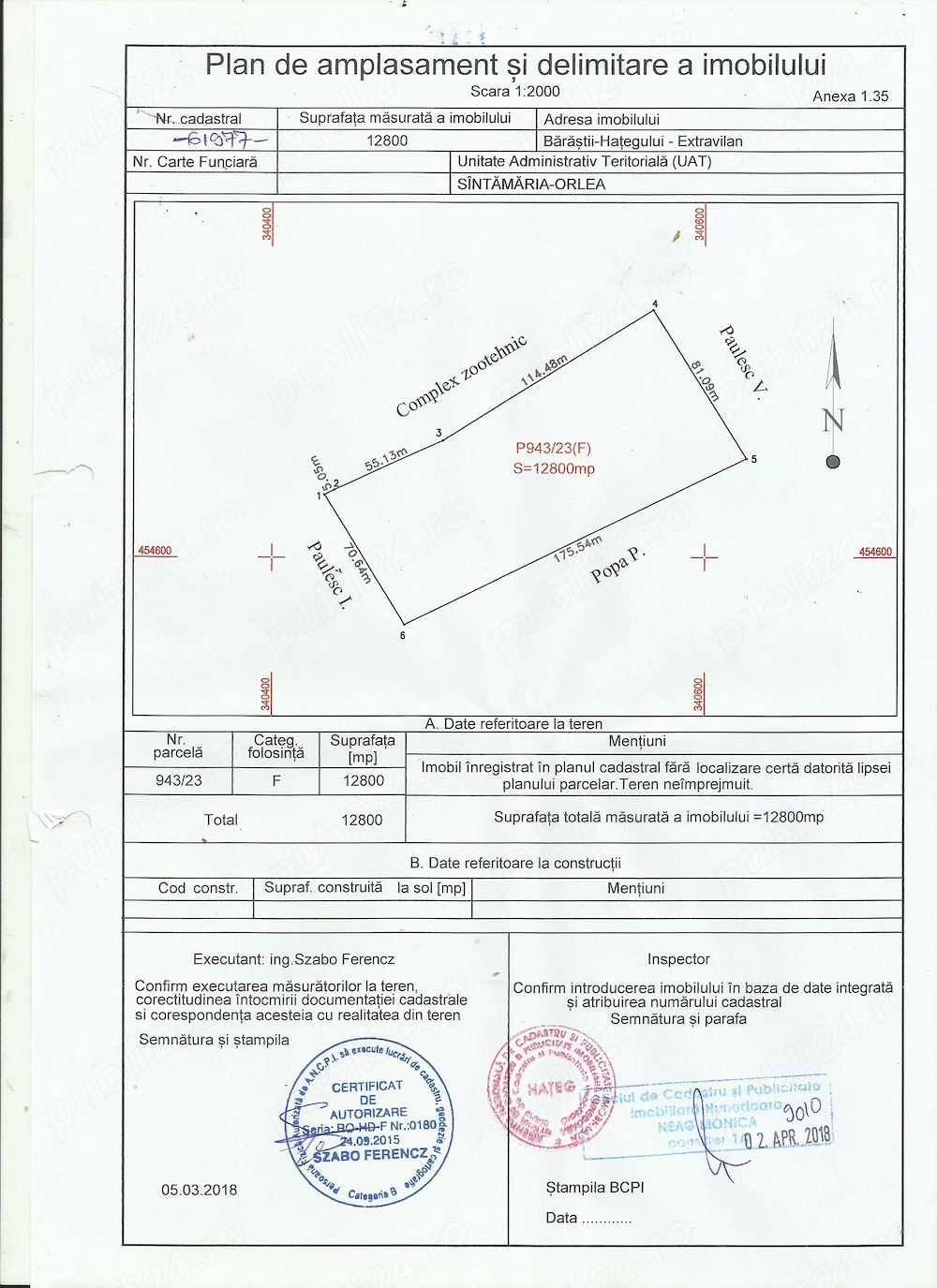 -Vând teren extravilan în Sântamaria-Orlea ( 1 Ha 2800 mp) și  875 mp la 3  Euro  mp