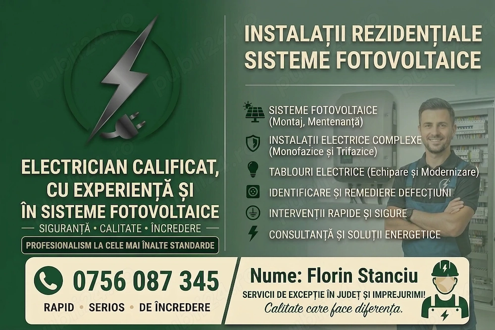 Electrician calificat cu experiență și în sisteme fotovoltaice