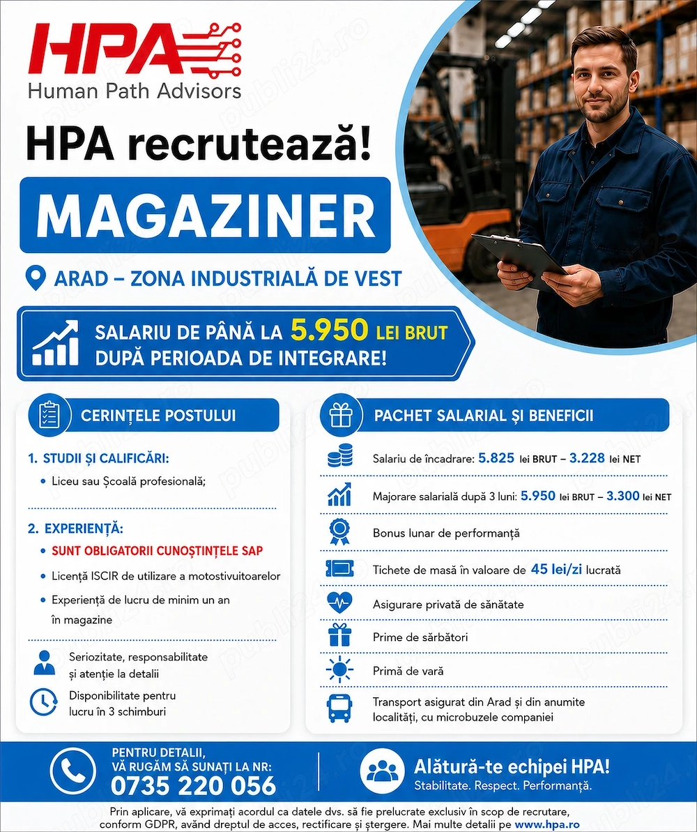 HPA recrutează MAGAZINER   Arad Zona Industrială de Vest