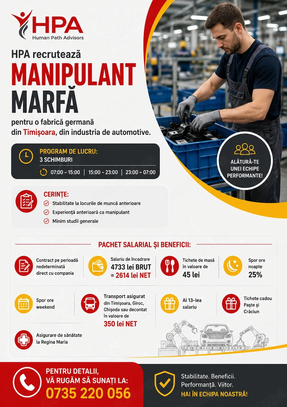 HPA recruteaza Manipulant marfa pentru o fabrica germana din Timisoara din industria de automotive.