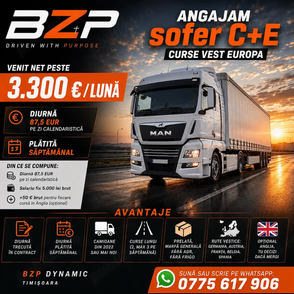 	Angajam Soferi profesionisti C+E - peste 3300 eur luna