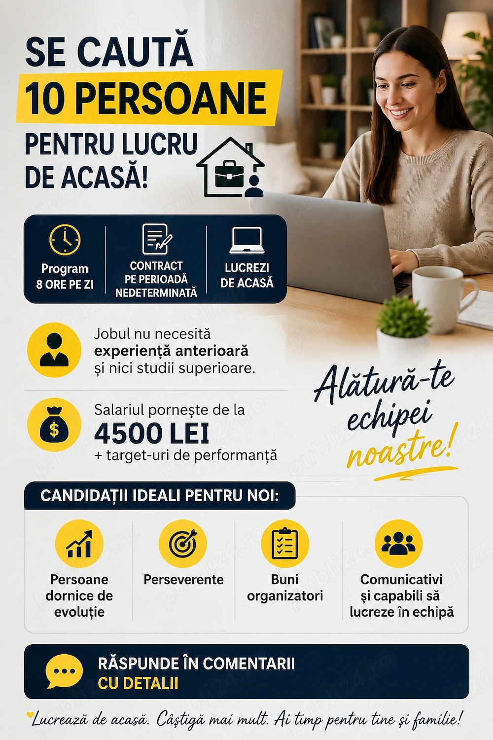 Angajăm 10 persoane pentru lucru de acasă - contract de muncă - salariu de la 4.500 lei